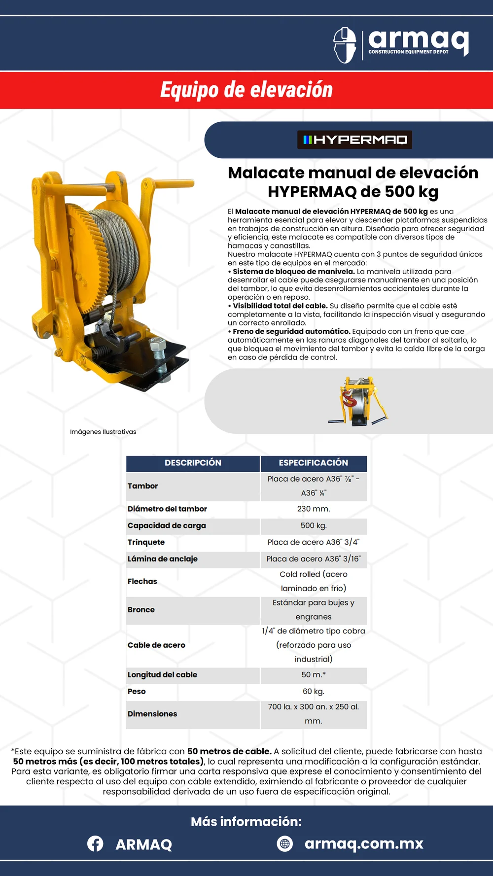 Ficha técnica Malacate de elevación 500 kg HYPERMAQ
